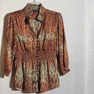 Piano Womens Boho Floral Blouse Size Small Smocked Waist Button Front Casual